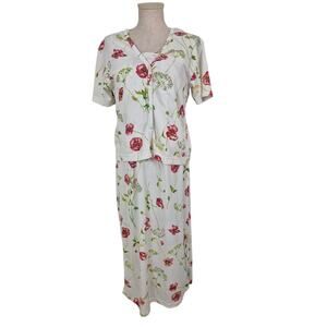 Vtg Bizzit Collection 2-Piece Dress & Top Set White Floral Midi Short Sleeve